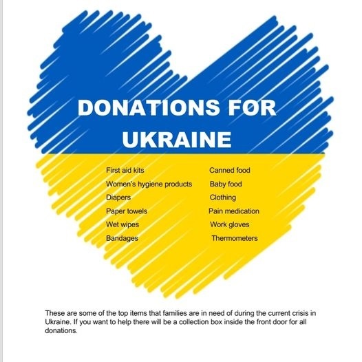 У світлі того, що відбувається в Україні, наразі ми приймаємо пожертви, які будуть передані до Українського центру в Лондоні (Онтаріо) для відправлення сім’ям. Якщо ви можете допомогти з будь-яким із перерахованих предметів, будь ласка, залишайте їх у центрі, і ми гарантуємо, що вони дістануться до Лондона. Кожна дрібниця допомагає