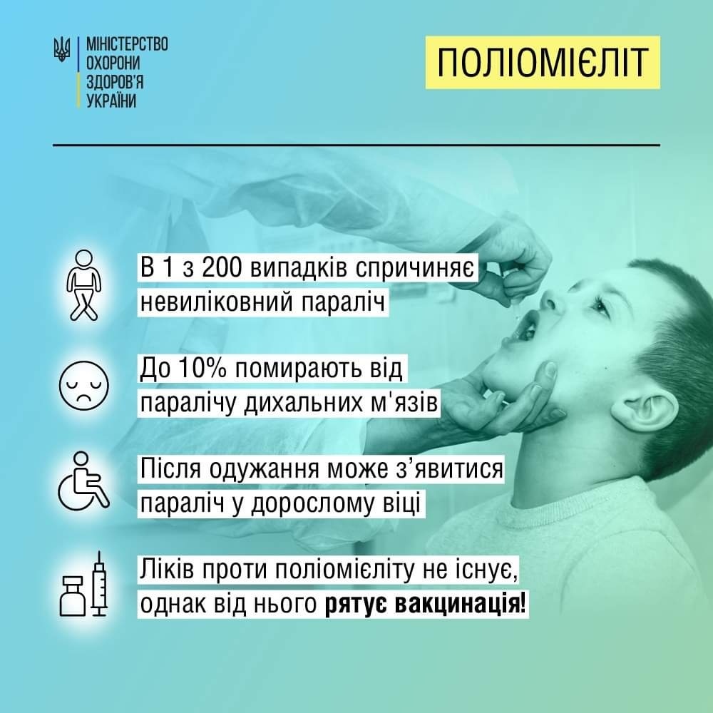 Ця тяжка хвороба вражає нервову систему та може призвести до незворотного паралічу або навіть смерті. Єдиний захист від поліомієліту – вакцинація.